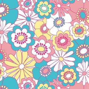 Groovy Retro Flowers - Bright Blue + Pink + Yellow