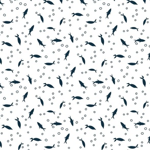 (S) Little Fishies and Bubbles Dark Teal Blue on White