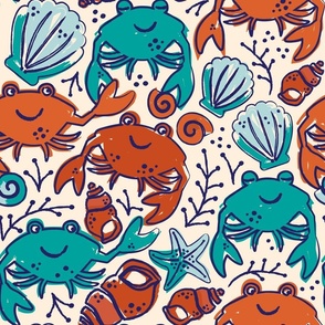 Nautical Crabs and Sea Shells — in Red, Blue, and Cream