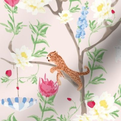 Lily and Leopard Chinoiserie | Pink, White and Blue Floral, Leopard, Monkey and Pagoda