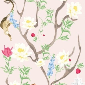Lily and Leopard Chinoiserie | Pink, White and Blue Floral, Leopard, Monkey and Pagoda