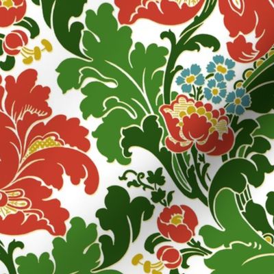 1906 Acanthus and Floral Damask Red and Dark Green