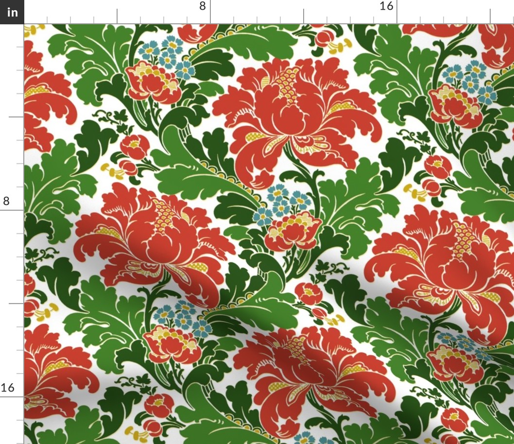 1906 Acanthus and Floral Damask Red and Dark Green