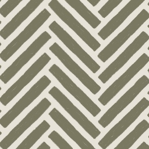 (XL) Textured Herringbone {Artichoke Green and Pearly White Cream} Earth Tone Chevron, Jumbo Large Scale