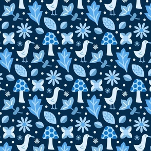 Leaves flowers and mushrooms - Monochromatic blue - deep blue background