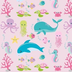Sea animals on a pink background