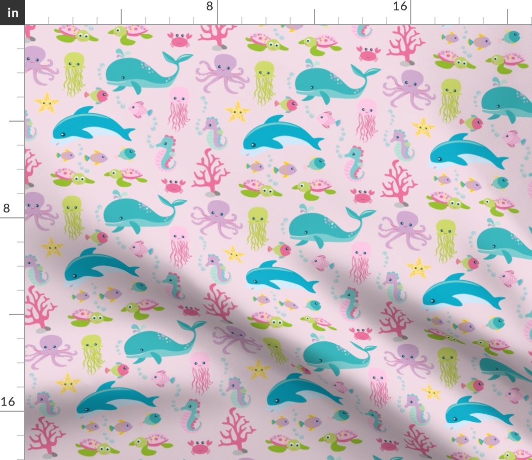 Sea animals on a pink background