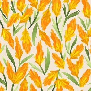 Large Scale // Hand-Painted Tossed Watercolor Floral Shapes in Warm Orange Yellow and Green