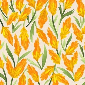 Larger Scale // Hand-Painted Tossed Watercolor Floral Shapes in Warm Orange Yellow and Green
