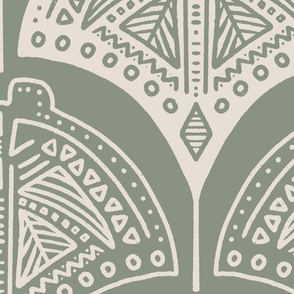 Tribal Stingrays | Jumbo Scale | Warm White, Earthy Green | Line art ocean block print