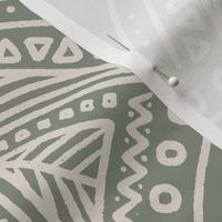 Tribal Stingrays | Medium Scale | Warm White, Earthy Green | Line art ocean block print