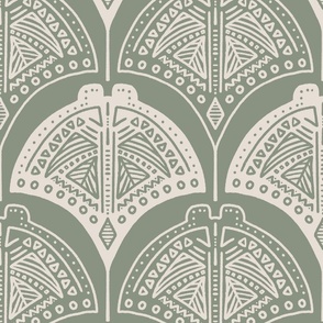 Tribal Stingrays | Medium Scale | Warm White, Earthy Green | Line art ocean block print