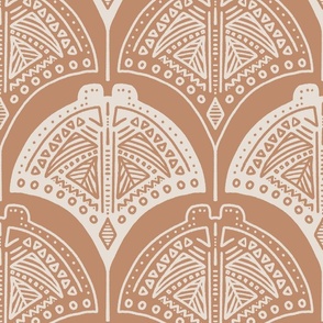 Tribal Stingrays | Medium Scale | Warm White, Orange Brown | Line art ocean block print