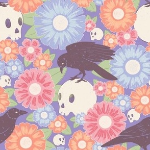 Witch's Raven Floral Halloween Forest 8in Purple