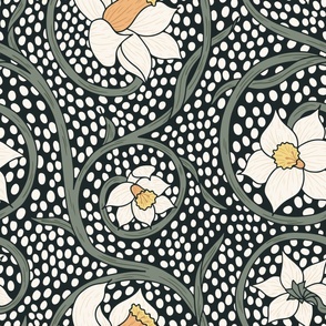 (L) White Daffodil Arts and Crafts Movement Vintage Floral in Dark Moss Green