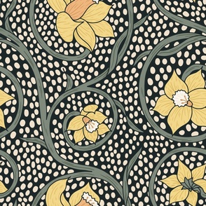 (L) Yellow Daffodil Arts and Crafts Movement Vintage Floral in Dark Moss Green