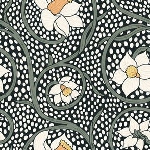 (S) White Daffodil Arts and Crafts Movement Vintage Floral in Dark Moss Green