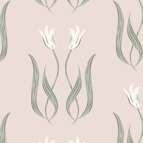 Vintage Cottagecore Tulip Pattern in Sage Green, Dusty Rose Pink, and Ivory.