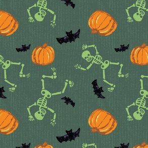 Tossed Pumpkins, Skeletons, and Bats in Halloween on Dark Green Textured Orange, Lime Green and Black
