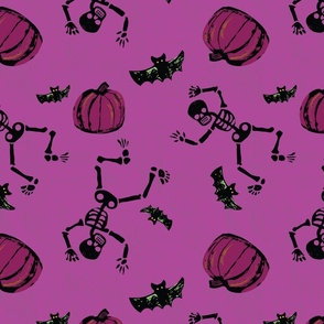 Tossed Pumpkins, Skeletons, and Bats in Halloween on Textured Purple, Pink and Black