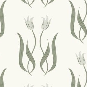 Vintage Cottagecore Tulip Pattern in Sage and Mint Green and Ivory.