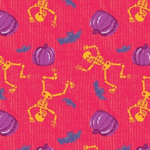 Tossed Pumpkins, Skeletons, and Bats in Halloween on Bright Pink Textured Purple, Yellow 