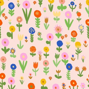 Large - Happy floral - light pink - cheerful multicolored vibrant flowers - modern maximalist - cute kids flower fabric - painterly spring wildflowers meadow flower