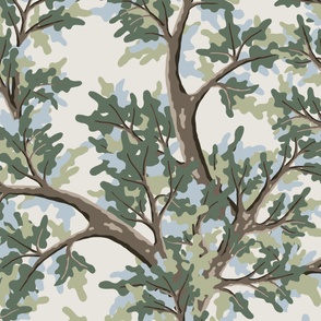 (L) Elegant Oak Tree with Soft Blue and Sage Green Leaves on Cream