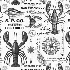 Maritime Treasures: Lobsters, Crabs, and Nautical Vibes Greyscale