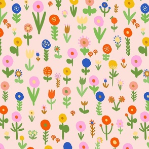 Medium - Happy floral - light pink - cheerful multicolored vibrant flowers - modern maximalist - cute kids flower fabric - painterly spring wildflowers meadow flower
