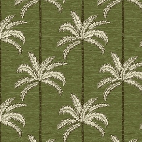 Striped Palm Trees with Colonial Woodcut Texture _ Dark Sage, Brown and Creamy White