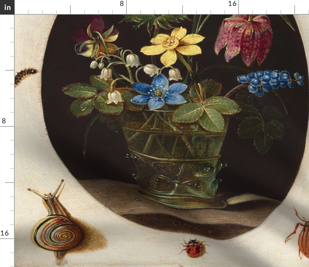 still life with flowers surrounded by insects and a snail