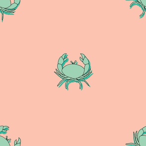 Hand drawn crabs in mint on peach, medium 