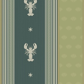 Vintage Biedermeier style coastal stripes with lobster, slate green, muted olive, pale almond