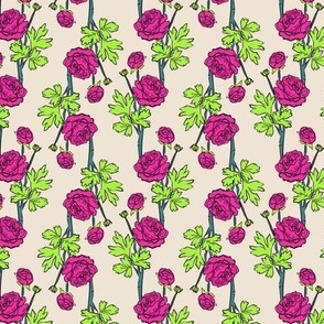 Vibrant Peonies | Hot Pink & Neon Green Floral on ivory | Small scale