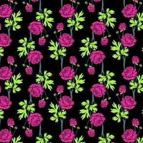Vibrant Peonies | Hot Pink & Neon Green Floral on black | Small scale