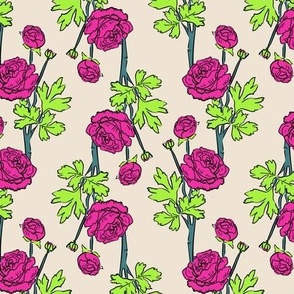 Vibrant Peonies | Hot Pink & Neon Green Floral on ivory | Medium scale