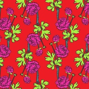 Vibrant Peonies | Hot Pink & Neon Green Floral on red | Medium scale