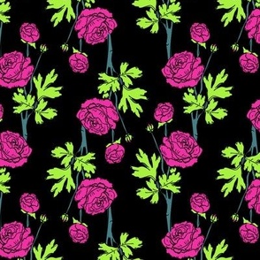 Vibrant Peonies | Hot Pink & Neon Green Floral on black | Medium scale
