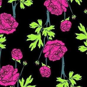 Vibrant Peonies | Hot Pink & Neon Green Floral on black | Large scale
