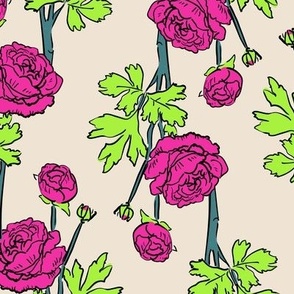 Vibrant Peonies | Hot Pink & Neon Green Floral on ivory | Large scale