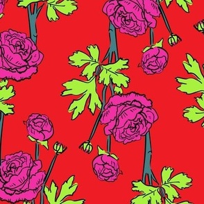 Vibrant Peonies | Hot Pink & Neon Green Floral on red | Large scale