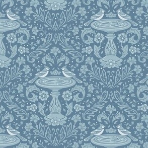 Damask Bluejays at the Bird Bath in Blue–Small Scale