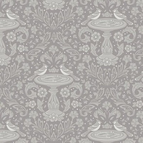 Damask Bluejays at the Bird Bath in Gray–Small Scale