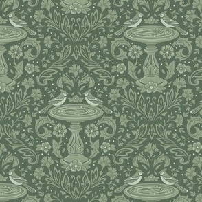 Damask Bluejays at the Bird Bath in Sage Green–Small Scale