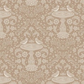 Damask Bluejays at the Bird Bath in Beige–Small Scale