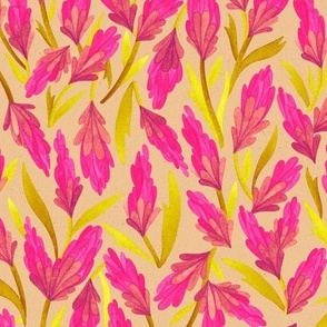 Larger Scale // Hand-Painted Tossed Watercolor Floral Shapes in Hot Pink and Golden Yellow on Tan