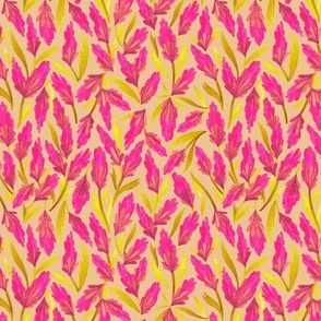 Medium Scale // Hand-Painted Tossed Watercolor Floral Shapes in Hot Pink and Golden Yellow on Tan