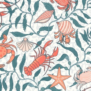 Coastal charm: lively colorful lobsters, crabs, hermit crabs and seashells with flowing ocean kelp in an Arts and Crafts style