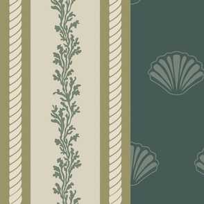 Vintage Biedermeier style seaweed garland stripes with shells, slate green and  pale almond